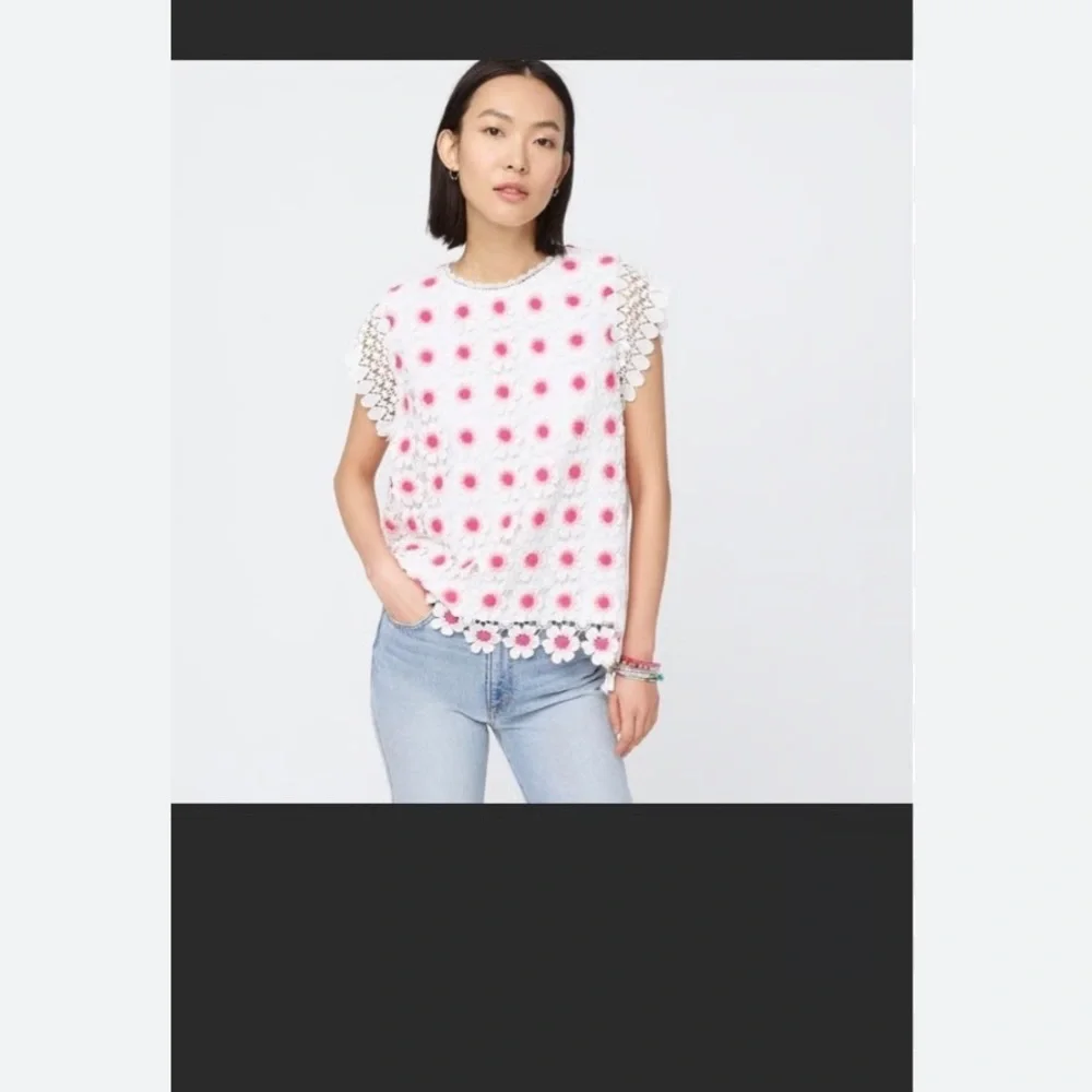 J. Crew White and Pink Floral Crochet Top Large